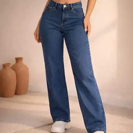 Calça Jeans Feminina Wide Leg Cintura Alta Pantalona Calça Jeans Feminina Wide Leg Cintura Alta Pantalona