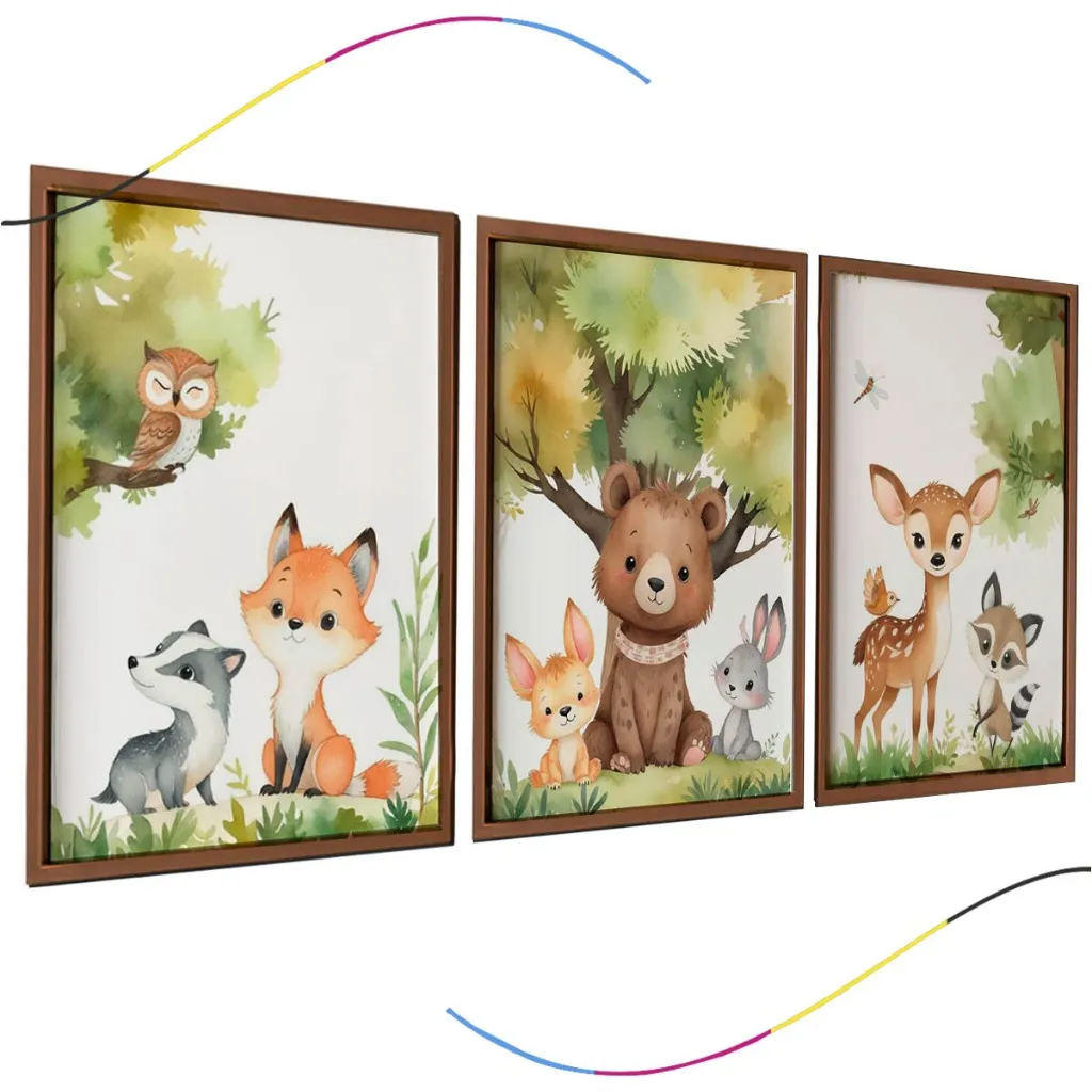 Quadro Decorativo Infantil, Animais da Floresta, 3 Peças, Arte em Aquarela com Moldura Marrom Quadro Decorativo Infantil, Animais da Floresta, 3 Peças, Arte em Aquarela com Moldura Marrom