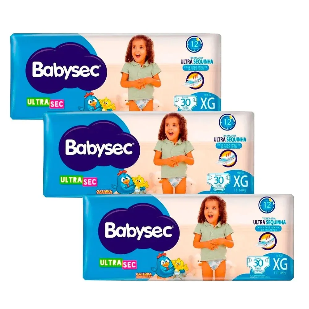 Kit com 3 Pacotes de Fralda Babysec Galinha Pintadinha Babysec Ultrasec Hiper Tamanho XG 30 unidades Kit com 3 Pacotes de Fralda Babysec Galinha Pintadinha Babysec Ultrasec Hiper Tamanho XG 30 unidades
