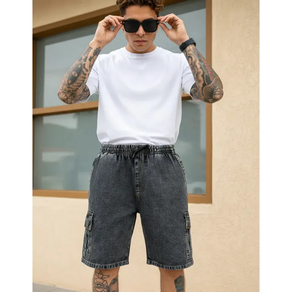 Shorts Jeans Cargo Grafite Estonado Mauricinho Cós Elástico Marmorizado Tendência Shorts Jeans Cargo Grafite Estonado Mauricinho Cós Elástico Marmorizado Tendência