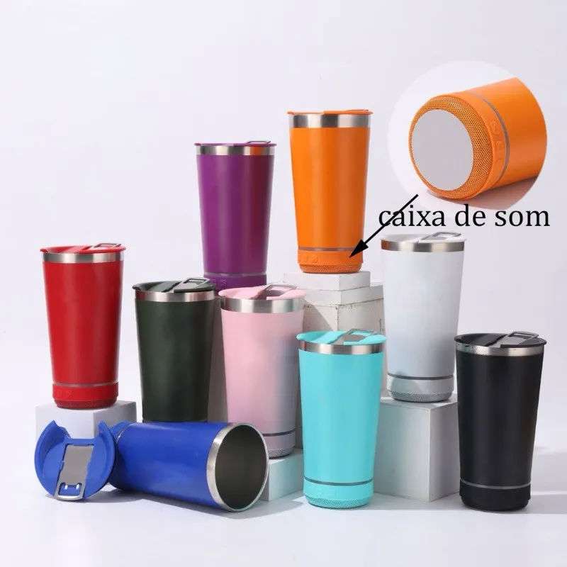 Copo térmico inox com tampa abridor e caixa de som com bluetooth Led 420ML Copo térmico inox com tampa abridor e caixa de som com bluetooth Led 420ML