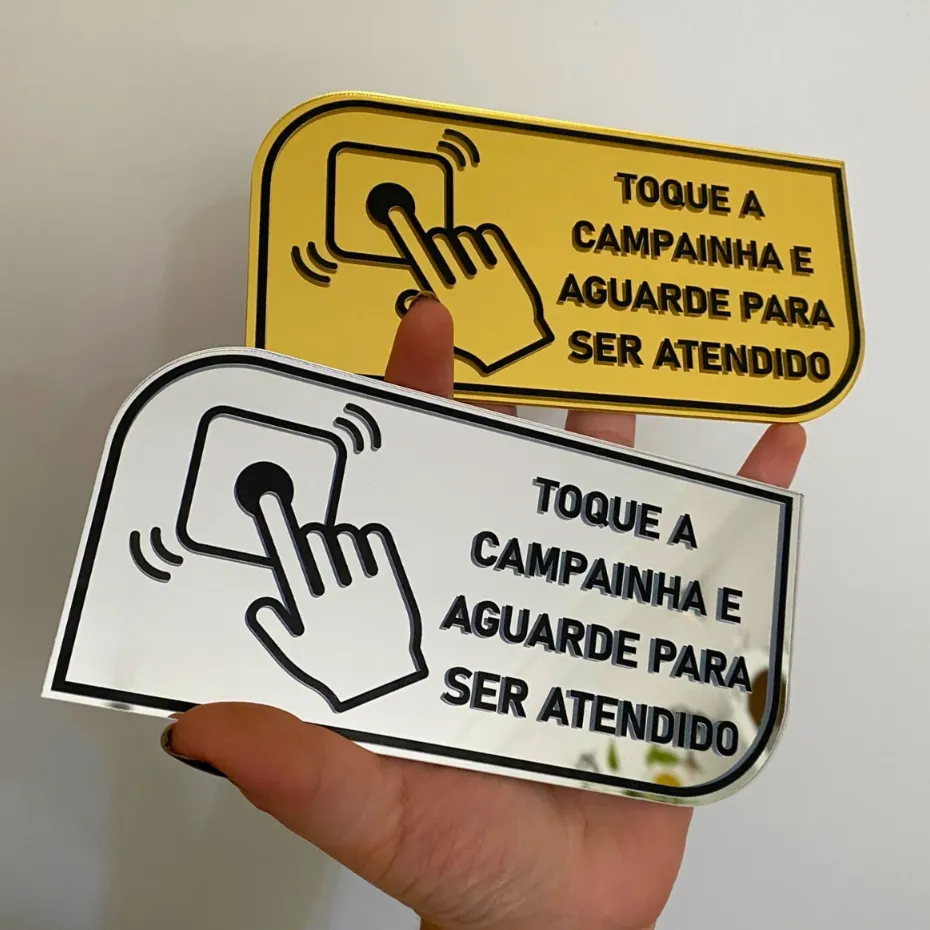 Placa Sinalização Toque a Campainha Acrílico Espelhado com Fita Dupla Face Placa Sinalização Toque a Campainha Acrílico Espelhado com Fita Dupla Face