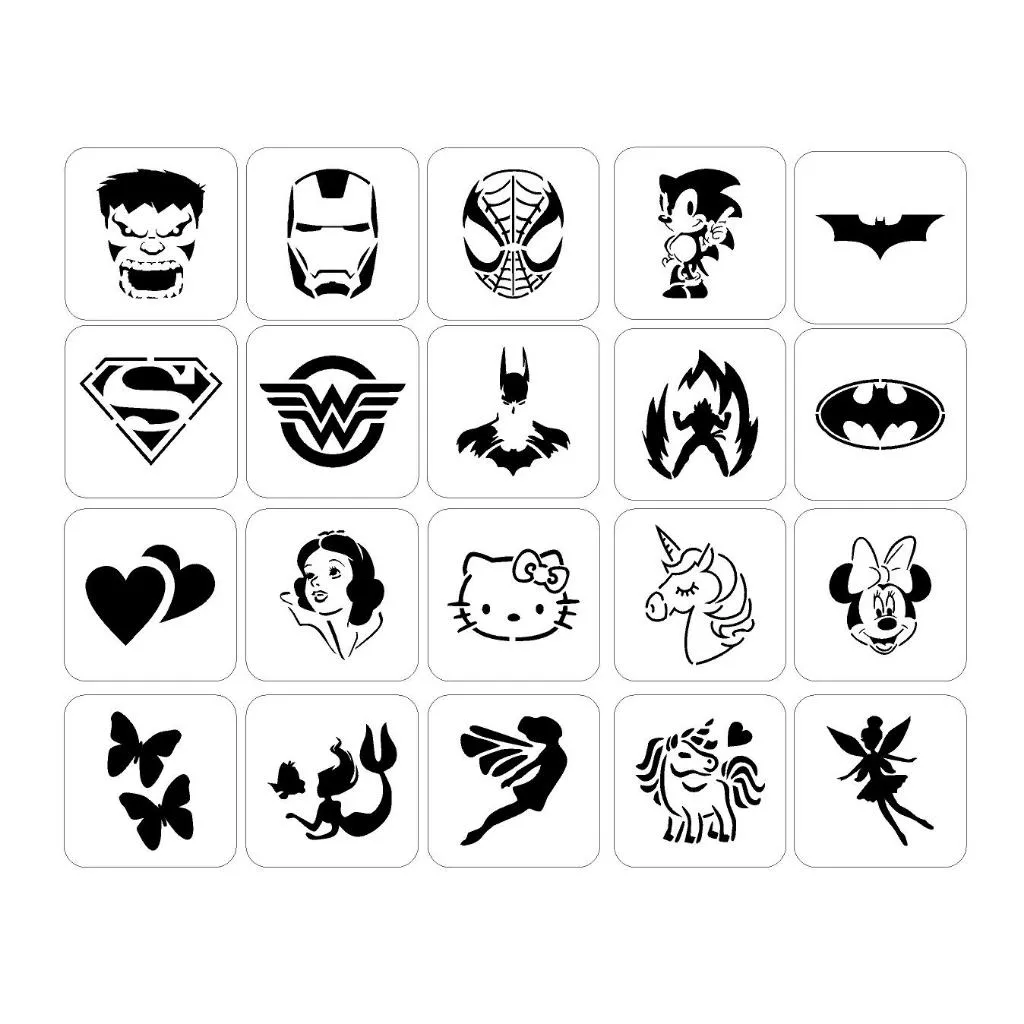 Kit de 6 a 50 Moldes Stencils Super Heróis p/ Pinturas Facial Infantil Kit de 6 a 50 Moldes Stencils Super Heróis p/ Pinturas Facial Infantil