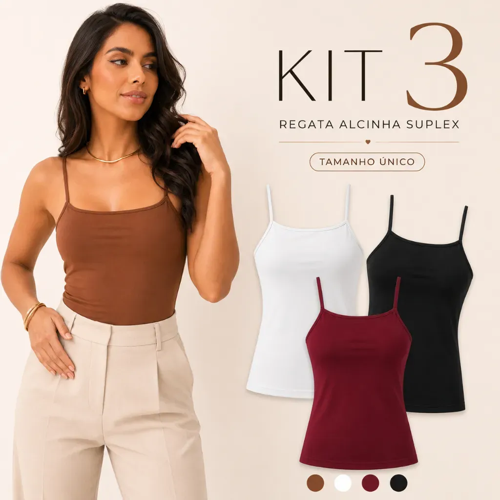 KIT 3 Regata Feminina Suplex Alcinha Forro Duplo Busto Virgínia Decote Quadrado KIT 3 Regata Feminina Suplex Alcinha Forro Duplo Busto Virgínia Decote Quadrado