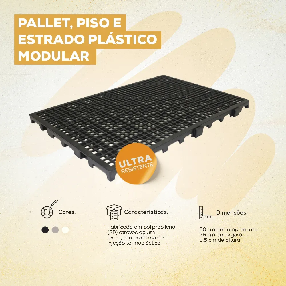 Estrado Plástico Preto 50x25x2,5cm - 10 Peças: Leve, Reciclável e Alta Vazão Estrado Plástico Preto 50x25x2,5cm - 10 Peças: Leve, Reciclável e Alta Vazão