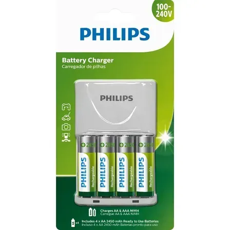 Carregador C/ 4 Pilhas Philips Recarregaveis Aa 2450mah Carregador C/ 4 Pilhas Philips Recarregaveis Aa 2450mah