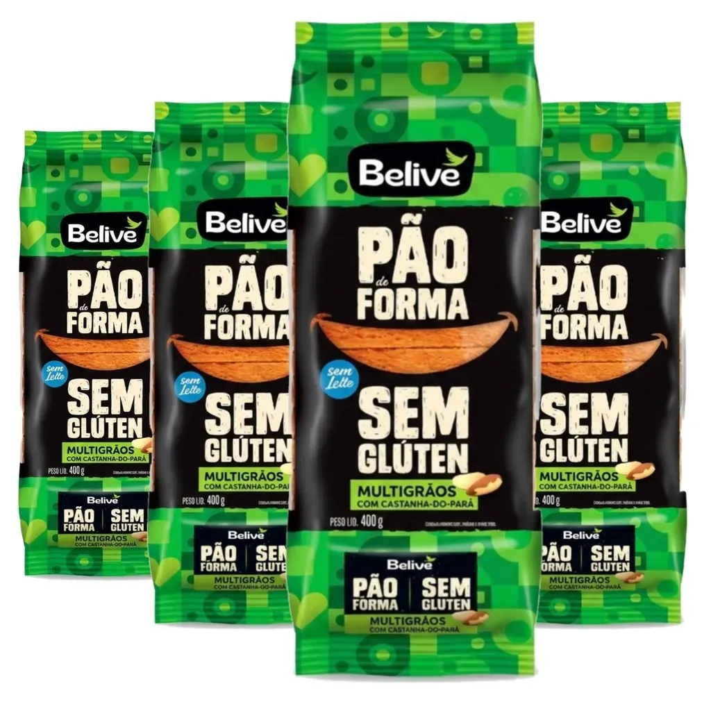 Kit c/ 4und Pão de Forma BELIVE Multigrãos Sem Glúten 400g Kit c/ 4und Pão de Forma BELIVE Multigrãos Sem Glúten 400g