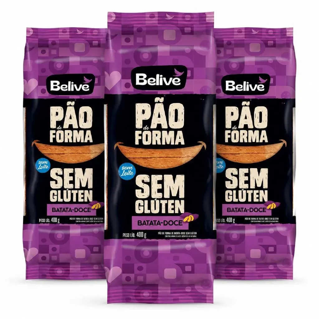 Kit 3 Pão de Forma BELIVE Batata Doce s/ Glúten 400g Kit 3 Pão de Forma BELIVE Batata Doce s/ Glúten 400g