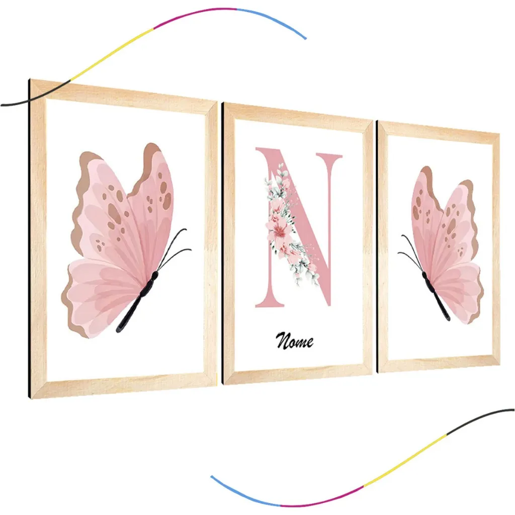 quadro decorativo infantil personalizado borboletinhas cor de rosa fofa menina quarto 3 peças quadro decorativo infantil personalizado borboletinhas cor de rosa fofa menina quarto 3 peças