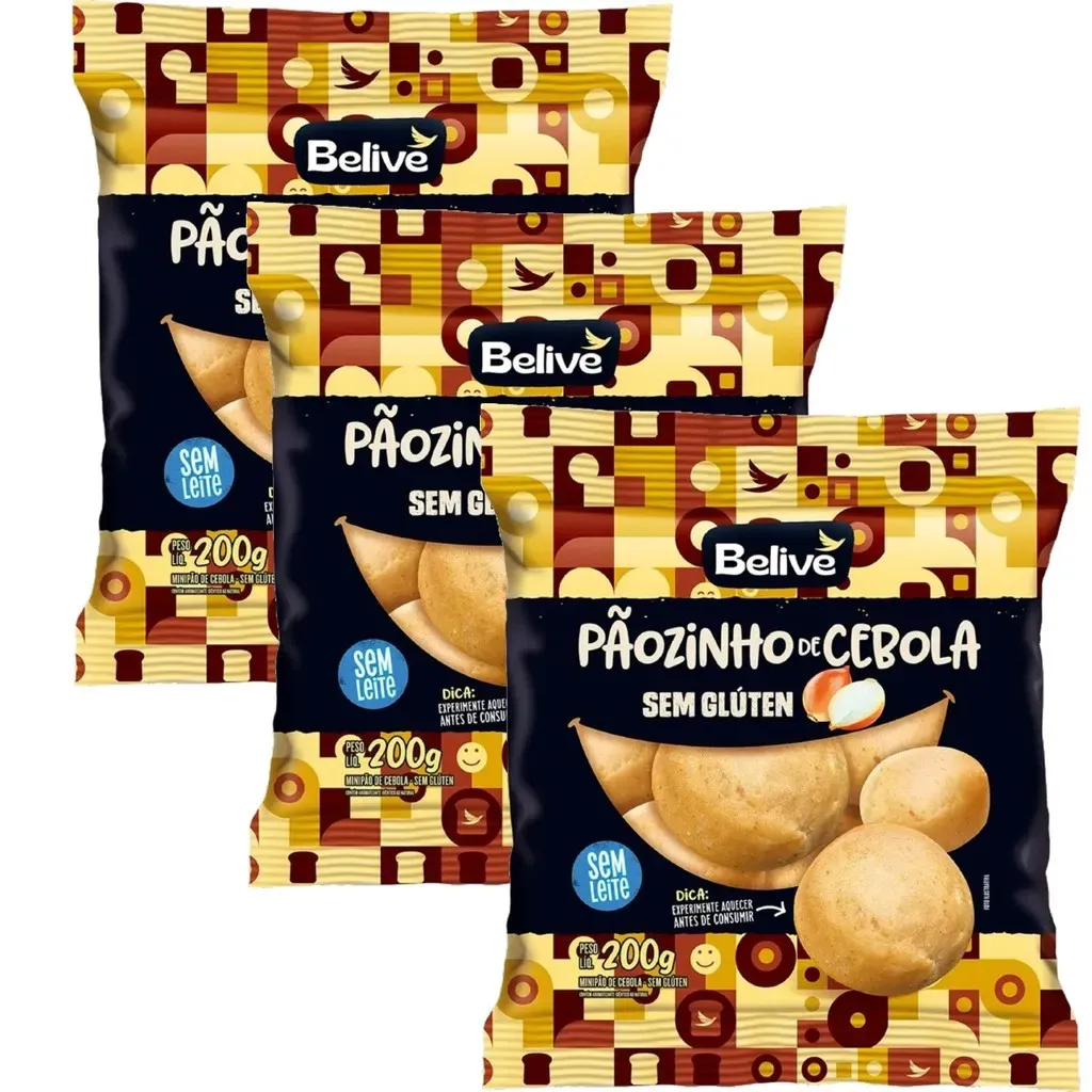 Kit c/ 3und Pãozinho de Cebola sem Glúten BELIVE 200g Kit c/ 3und Pãozinho de Cebola sem Glúten BELIVE 200g