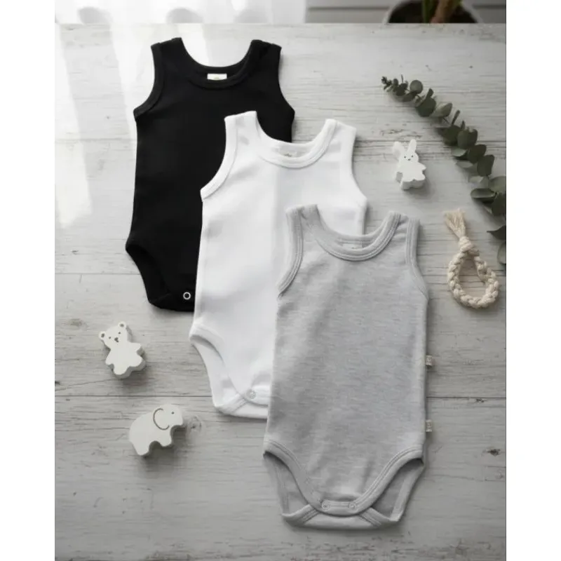 Kit Três Body Regata Sem Manga Cavado Infantil Bebe P M G- B Kit Três Body Regata Sem Manga Cavado Infantil Bebe P M G- B