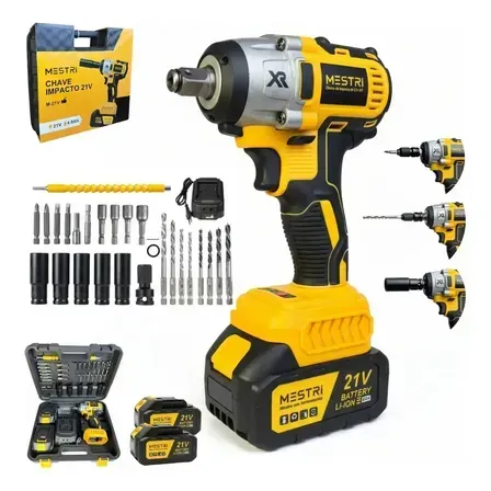 Chave De Impacto e Parafusadeira A Bateria 21v 450Nm 4ah Brushless Sem Escova 2 Baterias Recarregável Bivolt MESTRI Chave De Impacto e Parafusadeira A Bateria 21v 450Nm 4ah Brushless Sem Escova 2 Baterias Recarregável Bivolt MESTRI