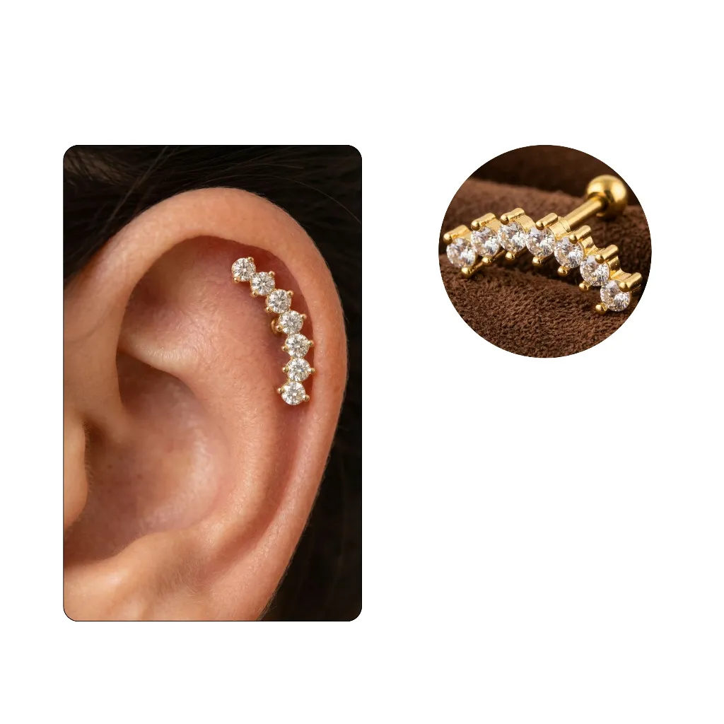 Piercing Orelha Helix Flat Cluster Curvado Zircônia Aço Cirúrgico Antialergico Piercing Orelha Helix Flat Cluster Curvado Zircônia Aço Cirúrgico Antialergico