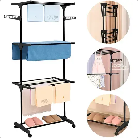 Varal Dobrável De Chão 3 Andares De Roupas Grande Com Rodinha Aba Lateral Retrátil Para Cabide Irsina Varal Dobrável De Chão 3 Andares De Roupas Grande Com Rodinha Aba Lateral Retrátil Para Cabide Irsina