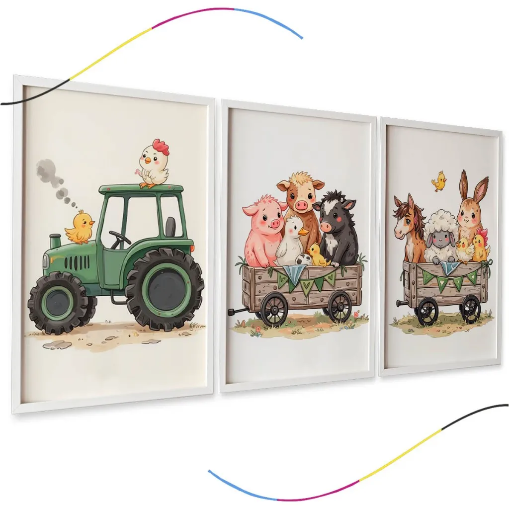 Conjunto de 3 Quadros Decorativos Infantis, Tema Fazendinha com Trator e Animais, Aquarela Conjunto de 3 Quadros Decorativos Infantis, Tema Fazendinha com Trator e Animais, Aquarela