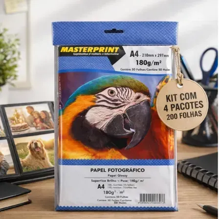 Papel Fotográfico 180g Glossy A4 Masterprint Kit 200 Folhas Branco Papel Fotográfico 180g Glossy A4 Masterprint Kit 200 Folhas Branco