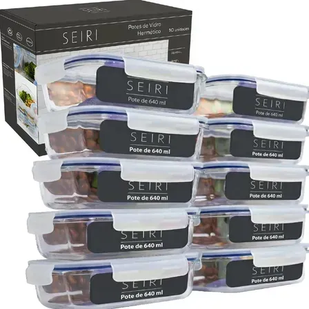 Kit 10 Pote De Vidro Marmita Hermético 640ml Freezer Fitness Borossilicato 4 Travas Micro-ondas Azul-Escuro Kit 10 Pote De Vidro Marmita Hermético 640ml Freezer Fitness Borossilicato 4 Travas Micro-ondas Azul-Escuro