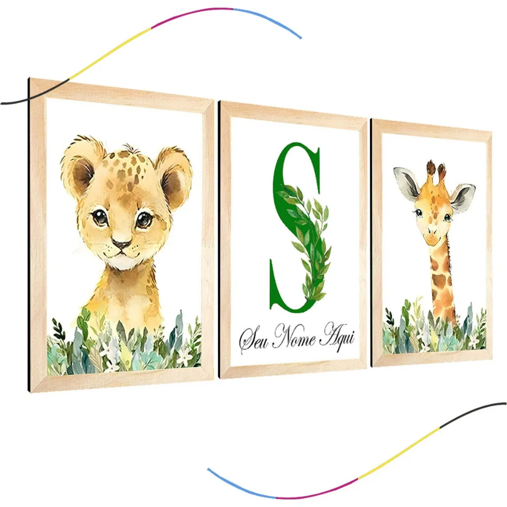 quadro decorativo infantil safari girafa leão personalizado 3 peças quadro decorativo infantil safari girafa leão personalizado 3 peças