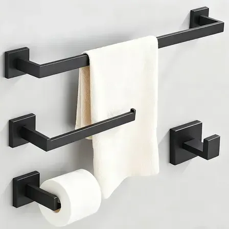Kit Acessórios Banheiro Preto Fosco Aço Inoxidável 4 Peças Quadrado Com Perfuração Barra De Toalha Porta Papel Higiênico Gancho Design Moderno Winda Kit Acessórios Banheiro Preto Fosco Aço Inoxidável 4 Peças Quadrado Com Perfuração Barra De Toalha Porta Papel Higiênico Gancho Design Moderno Winda