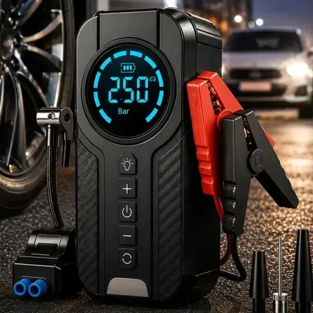 Auxiliar De Partida Compressor De Ar Portátil Para Carro 12V 4 funções em 1 Jump Starter Inflador Digital Power Bank Lanterna LED Bateria Emergência Moto SUV Caminhonete Pneu Bicicleta MidiaFone Auxiliar De Partida Compressor De Ar Portátil Para Carro 12V 4 funções em 1 Jump Starter Inflador Digital Power Bank Lanterna LED Bateria Emergência Moto SUV Caminhonete Pneu Bicicleta MidiaFone
