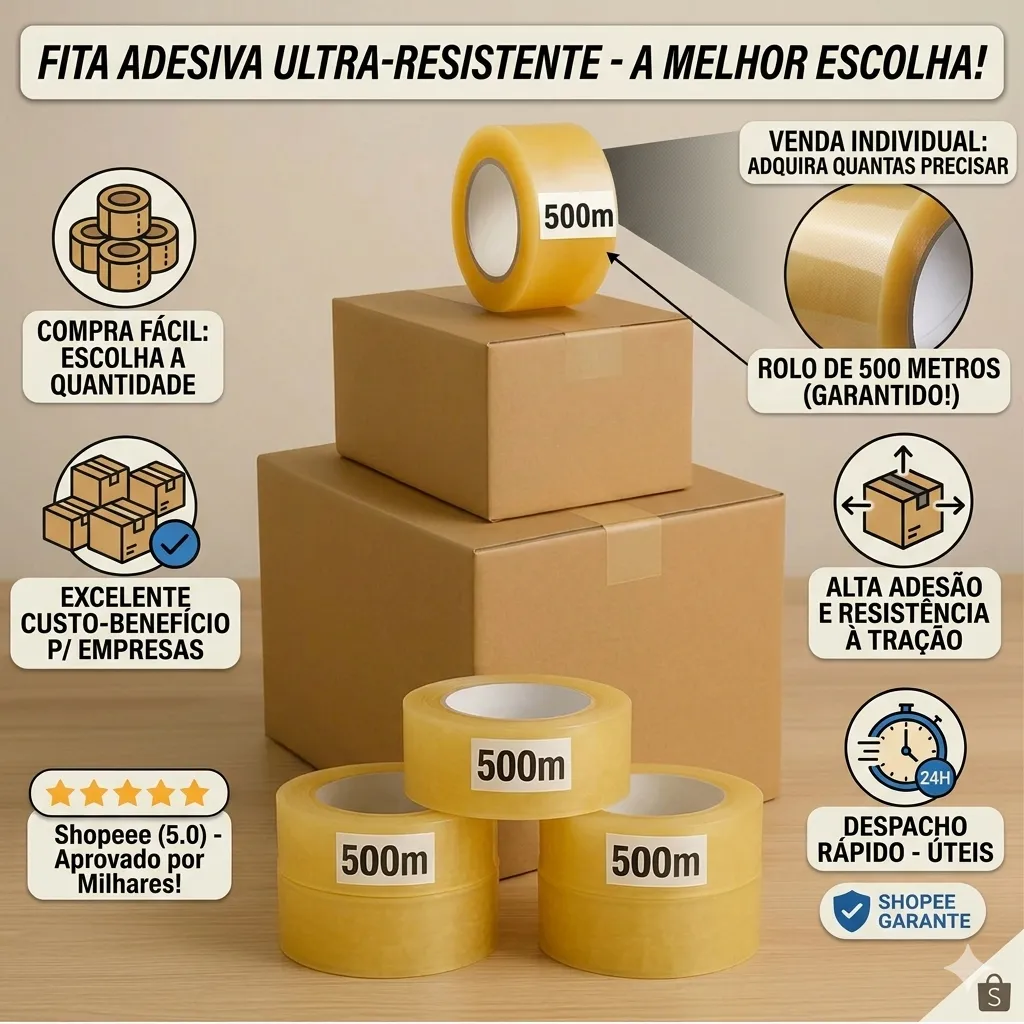 Fita Adesiva Larga 500 Metros Transparente Grossa para Caixa De Papelão E-commerce Mudança de 45mm Fita Adesiva Larga 500 Metros Transparente Grossa para Caixa De Papelão E-commerce Mudança de 45mm