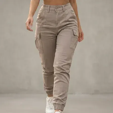 Calça Cargo Jogger Jeans Feminina Cintura Alta Com Lycra Calça Cargo Jogger Jeans Feminina Cintura Alta Com Lycra