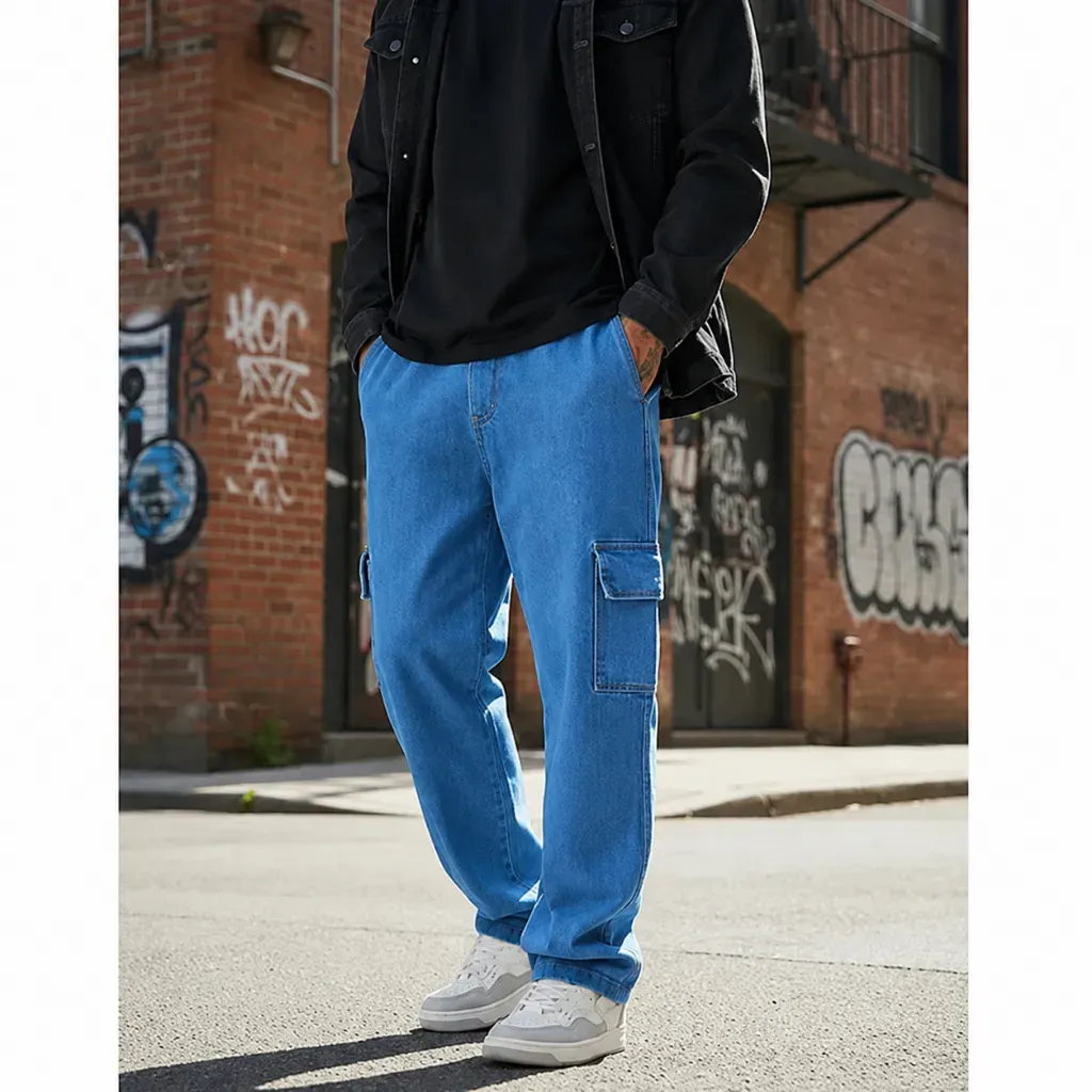 Calça Cargo Jeans Larga Unissex Streetwear Skatista Cós Elástico 6 Bolsos Calça Cargo Jeans Larga Unissex Streetwear Skatista Cós Elástico 6 Bolsos
