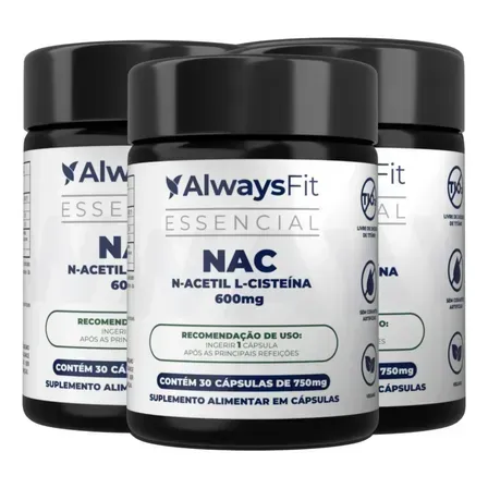 Kit 3 Nac Alwaysfit 600mg | N-acetil L-cisteína | 30cápsulas Sem Sabor Kit 3 Nac Alwaysfit 600mg | N-acetil L-cisteína | 30cápsulas Sem Sabor