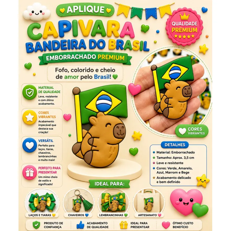 Aplique Emborrachado Infantil Capivara Futebol Brasil Laços Tiaras Prendedores Artesanato DIY Aplique Emborrachado Infantil Capivara Futebol Brasil Laços Tiaras Prendedores Artesanato DIY