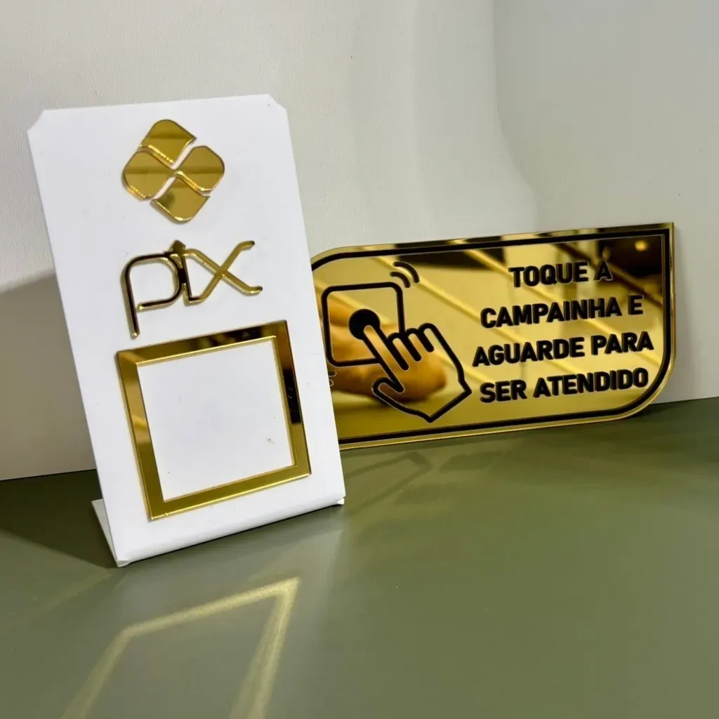 Kit Sinalização De Balcão: Placa Pix Qr Code + Placa Campainha Acrílico Espelhado Kit Sinalização De Balcão: Placa Pix Qr Code + Placa Campainha Acrílico Espelhado