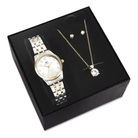 Kit Relógio Colar e Brincos Ponto De Luz Dourado e Prateado Feminino Luxo Saint Germain 28mm Kit Relógio Colar e Brincos Ponto De Luz Dourado e Prateado Feminino Luxo Saint Germain 28mm