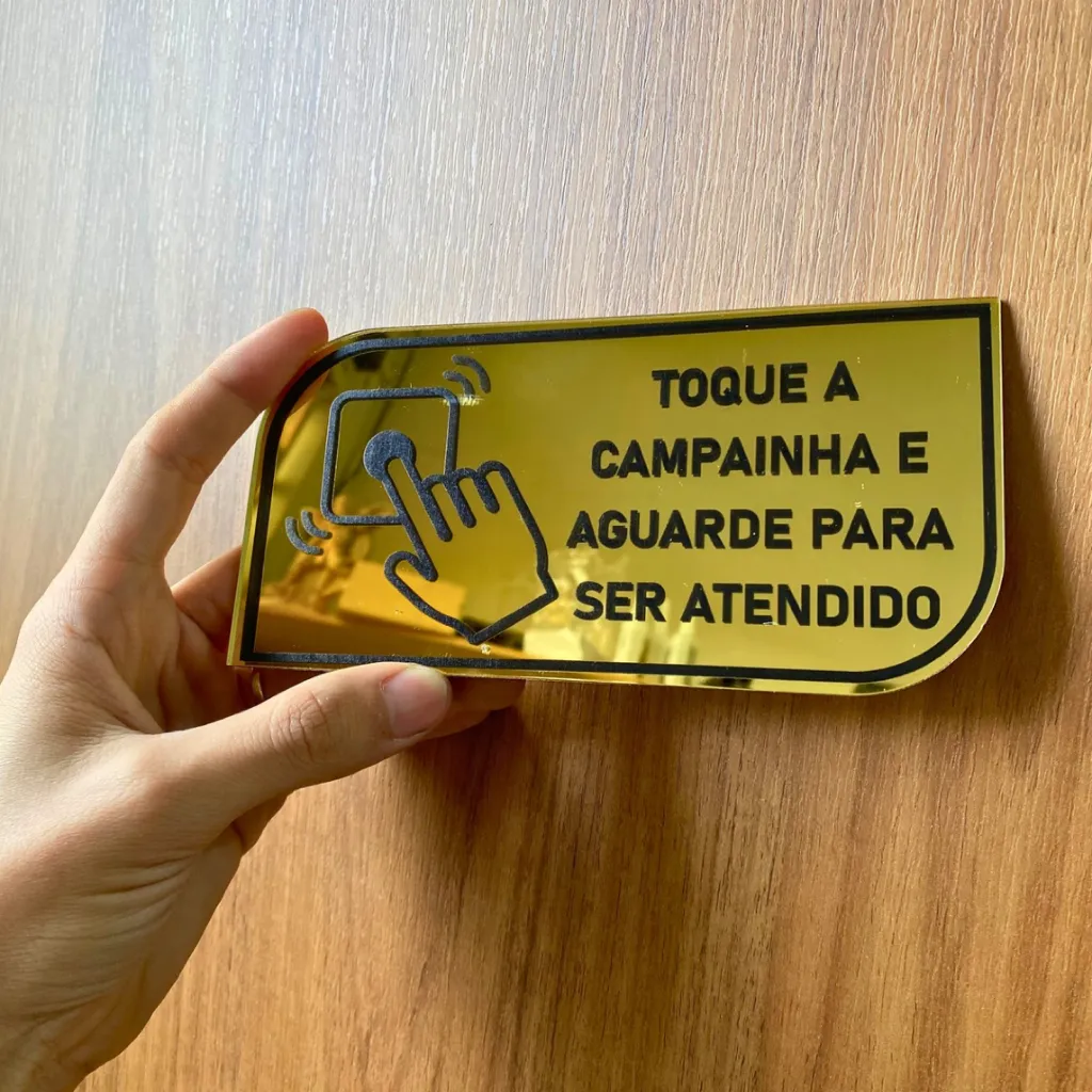 Placa Toque a Campainha Acrílico Espelhado 17x8cm com Fita Dupla Face Placa Toque a Campainha Acrílico Espelhado 17x8cm com Fita Dupla Face