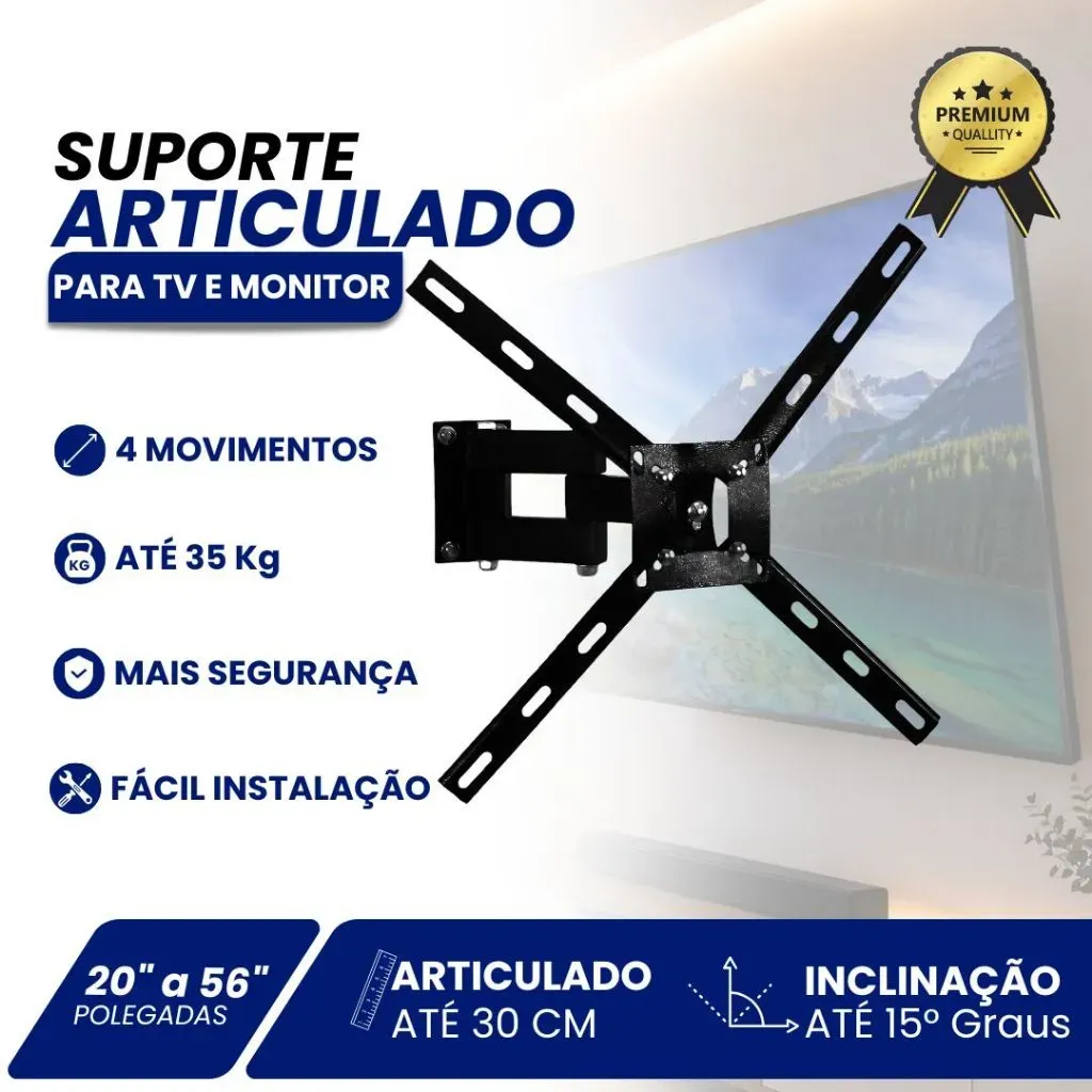 Suporte Articulado para TV 26 a 50 Polegadas QS30 4 Movimentos Universal LED LCD 4K Samsung LG TCL Suporte Articulado para TV 26 a 50 Polegadas QS30 4 Movimentos Universal LED LCD 4K Samsung LG TCL
