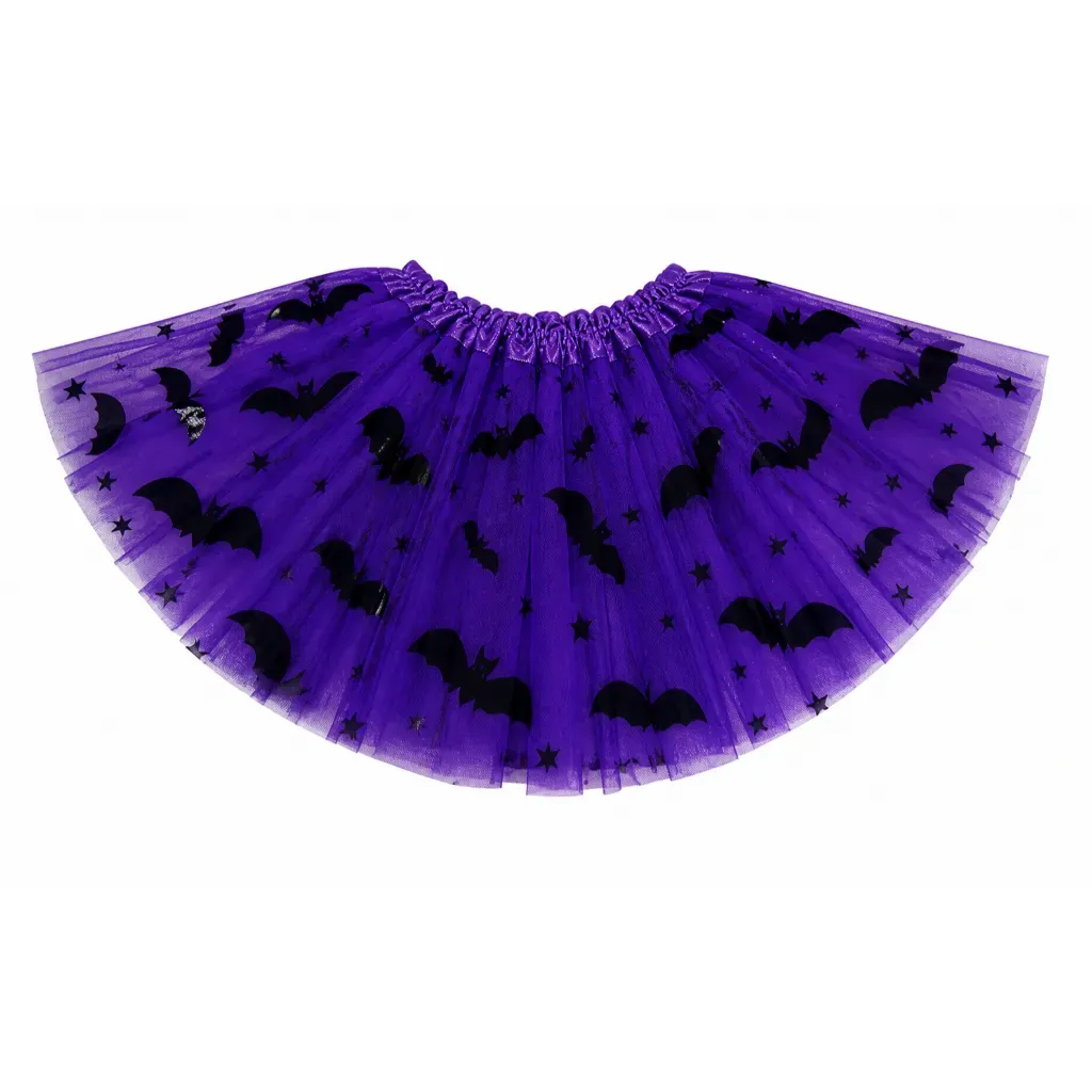 Saia Tule Halloween Roxo Com Estampa Morcegos Saia Tule Halloween Roxo Com Estampa Morcegos