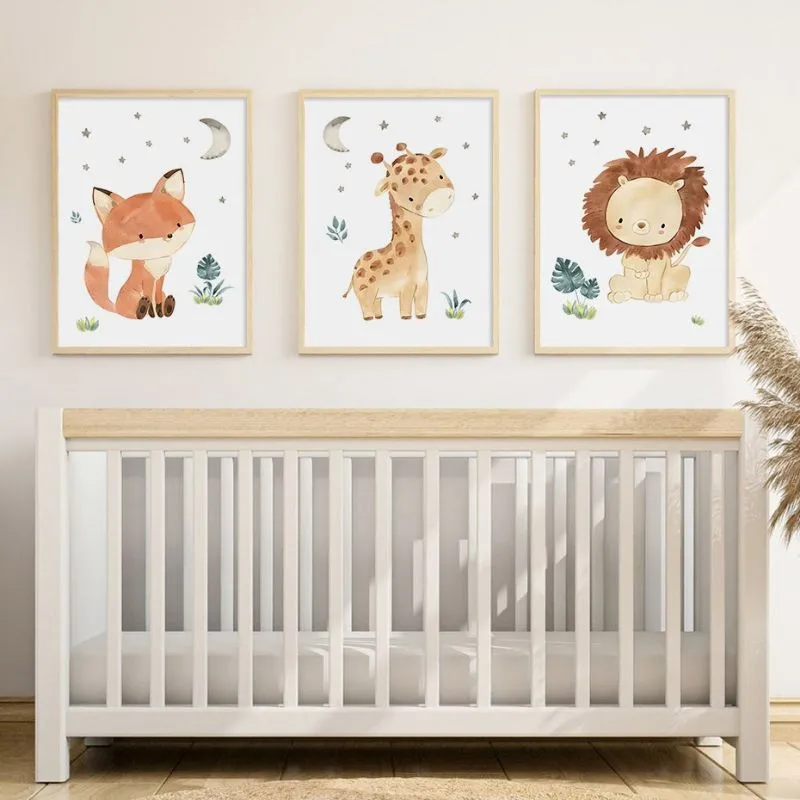 quadro decorativo infantil safari leão girafa raposa fofos 3 peças quadro decorativo infantil safari leão girafa raposa fofos 3 peças