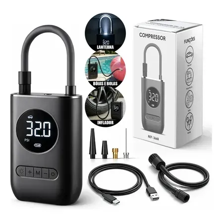 Mini Compressor de Ar Digital Portátil Recarregável USB-C Lumi para Pneus de Carro, Moto e Bicicleta Inflador Elétrico de Bolas e Infláveis Display LCD Alta Pressão Sem Fio Preto Mini Compressor de Ar Digital Portátil Recarregável USB-C Lumi para Pneus de Carro, Moto e Bicicleta Inflador Elétrico de Bolas e Infláveis Display LCD Alta Pressão Sem Fio Preto