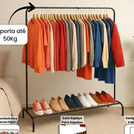 Cabideiro Arara De Roupas De Chão Com Sapateira Inclusa Moderno Loja Quarto Organizador Em Aço Suporta 50kg Preto Cabideiro Arara De Roupas De Chão Com Sapateira Inclusa Moderno Loja Quarto Organizador Em Aço Suporta 50kg Preto