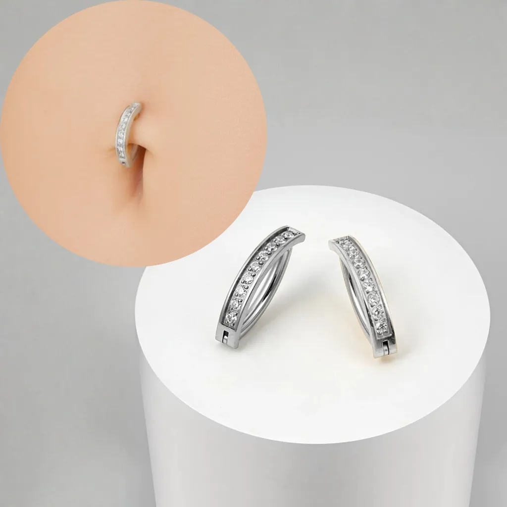 Piercing Meia Argola Umbigo Cravejado Titânio Hipoalergenico Prata Zircônia Piercing Meia Argola Umbigo Cravejado Titânio Hipoalergenico Prata Zircônia