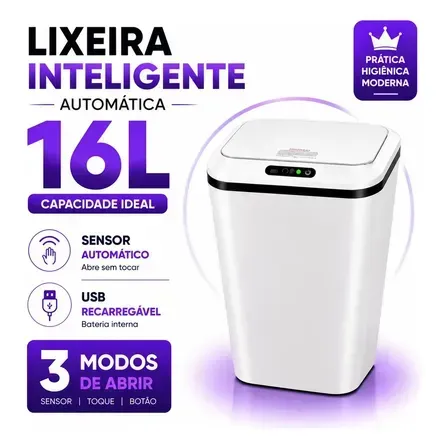 Lixeira Inteligente Automática 16L Sensor Infravermelho Recarregável USB-C 3 Modos Tampa Touch Banheiro Cozinha Lixeira Inteligente Automática 16L Sensor Infravermelho Recarregável USB-C 3 Modos Tampa Touch Banheiro Cozinha