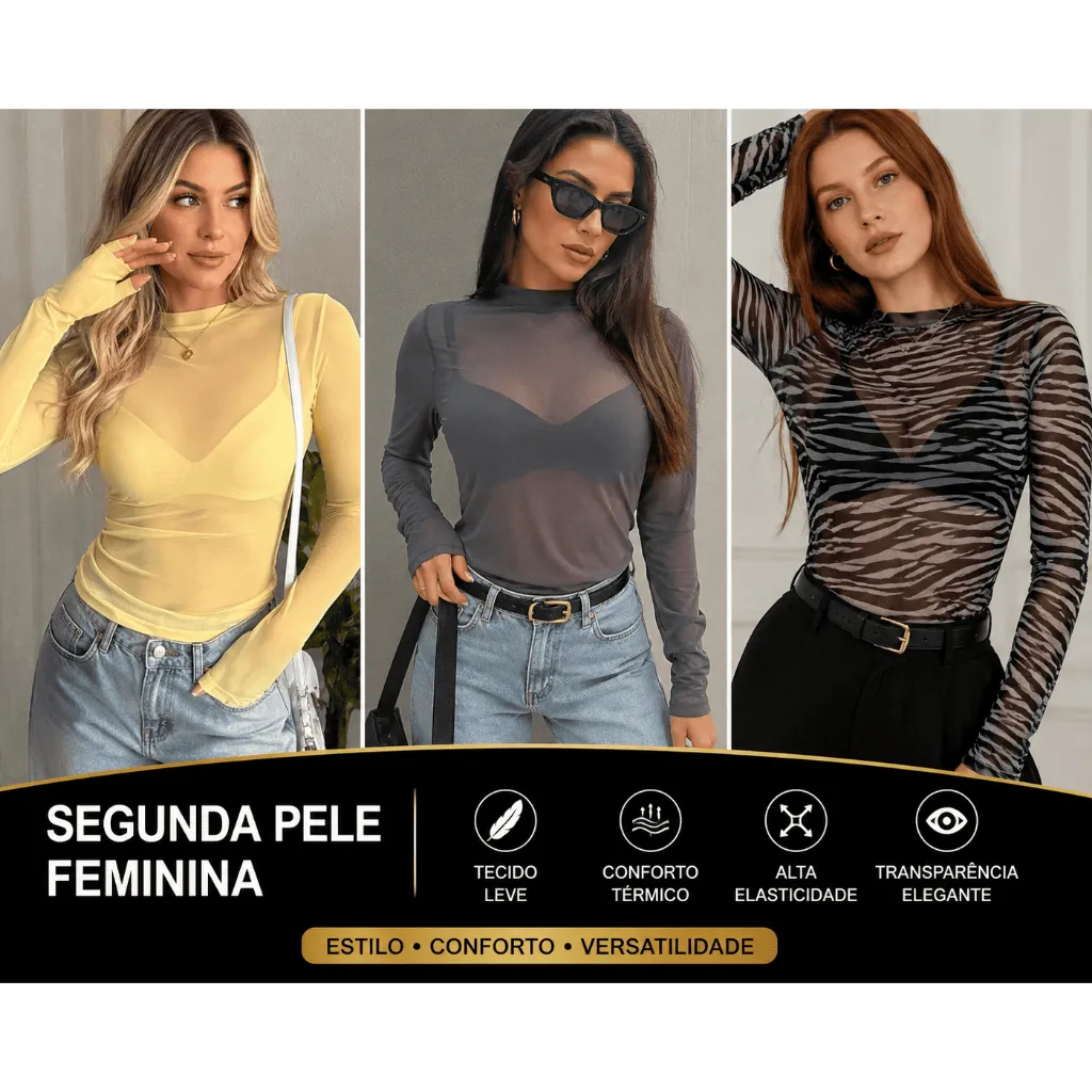 Segunda Pele Feminina Tule Manga Longa Transparente Moda Fashion Segunda Pele Feminina Tule Manga Longa Transparente Moda Fashion