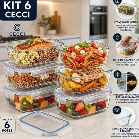 Kit 6 Potes de Vidro Herméticos Retangulares 640 mL para Marmita, Freezer e Organização Kit 6 Potes de Vidro Herméticos Retangulares 640 mL para Marmita, Freezer e Organização