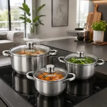 Jogo de Panelas Chef D Inox 3 Peças com Tampa de Vidro p/ Indução Jogo de Panelas Chef D Inox 3 Peças com Tampa de Vidro p/ Indução