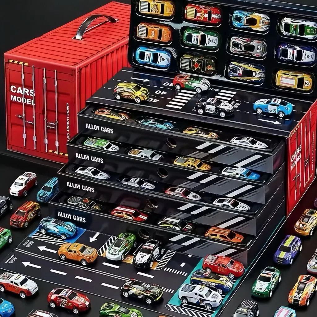 Brinquedo Kit 48 Carrinhos com Fricção de Lata Metálica Coloridos Caixa Container que Vira Pista Qualidade Brinquedo Kit 48 Carrinhos com Fricção de Lata Metálica Coloridos Caixa Container que Vira Pista Qualidade