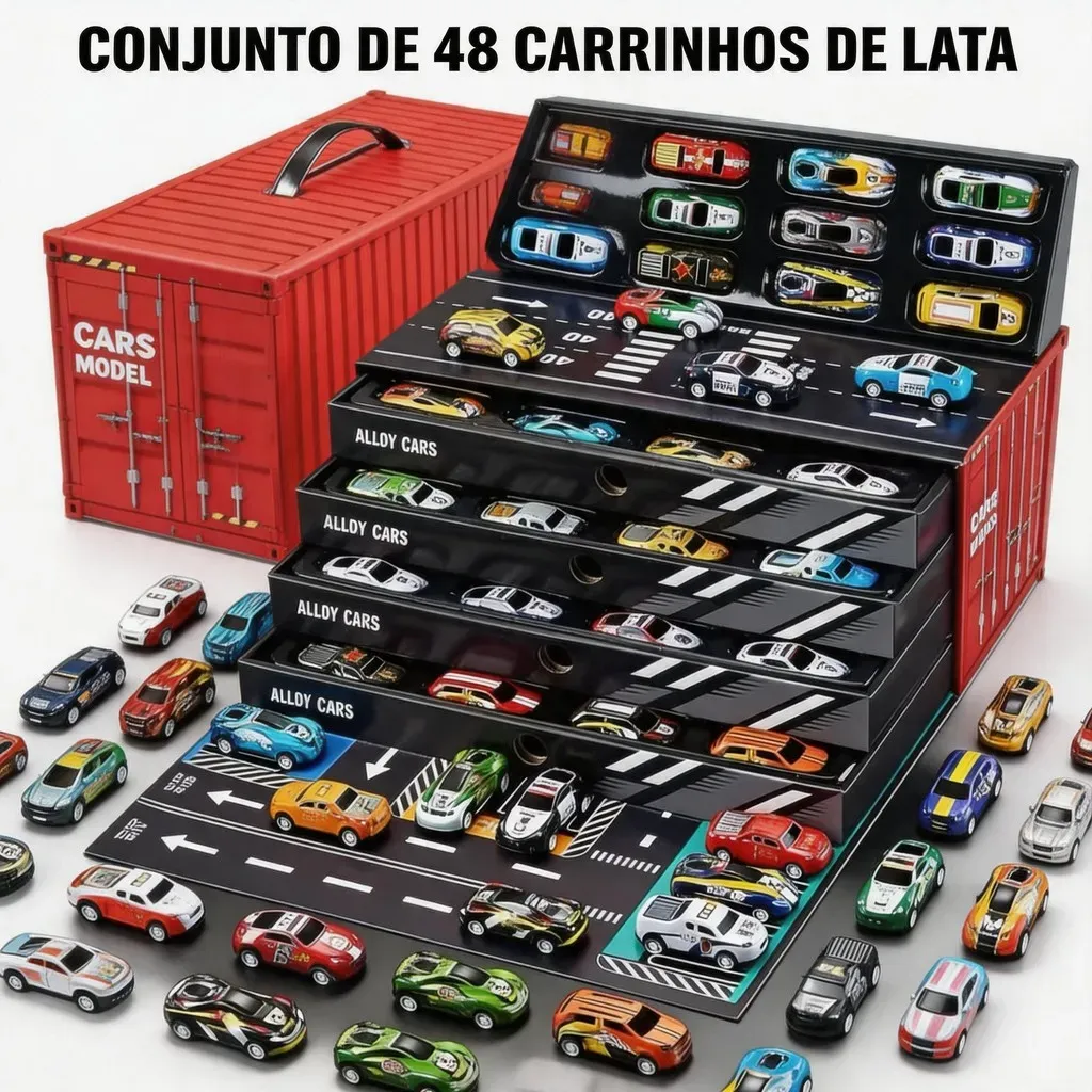 Kit 48 Carrinhos com Fricção de Lata Metálica Coloridos - Caixa Container que Vira Pista muito bom carrinho Kit 48 Carrinhos com Fricção de Lata Metálica Coloridos - Caixa Container que Vira Pista muito bom carrinho