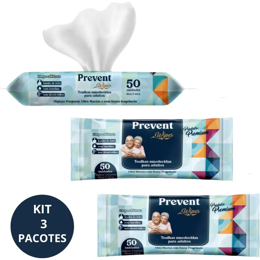 KIT 3 Pacotes Toalhas umedecidas Lenços Adulto Prevent Wipes 50 unidades Geriátrica TOTAL 150 un KIT 3 Pacotes Toalhas umedecidas Lenços Adulto Prevent Wipes 50 unidades Geriátrica TOTAL 150 un