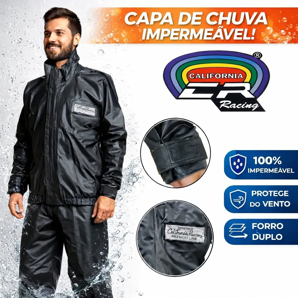 Capa de Chuva Moto PVC Impermeável California Racing Resistente Motoqueiro Capa de Chuva Moto PVC Impermeável California Racing Resistente Motoqueiro
