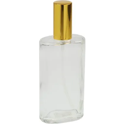Fantasia Klarglas-Flasche, oval, mit Zerstäuberpumpe + Kappe gold für 100 ml Fantasia Klarglas-Flasche, oval, mit Zerstäuberpumpe + Kappe gold für 100 ml