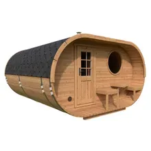Großes Fasssauna Oval „Deluxe“ 4x4m | Große Sauna mit Terrasse kaufen | Saunafass aus Holz mit Terrasse | Sauna aus Thermoholz oder Fichtenholz Großes Fasssauna Oval „Deluxe“ 4x4m | Große Sauna mit Terrasse kaufen | Saunafass aus Holz mit Terrasse | Sauna aus Thermoholz oder Fichtenholz