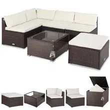 Casaria® Polyrattan Ecklounge Braun/Creme mit Polyrattan Auflagenbox Braun Casaria® Polyrattan Ecklounge Braun/Creme mit Polyrattan Auflagenbox Braun
