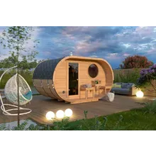 Kleine Ovale Fasssauna 4×2.5m | Kleine Sauna kaufen | Saunafass aus Holz mit Vorraum | Kleine Fasssauna mit Holzofen oder Elektroofen Kleine Ovale Fasssauna 4×2.5m | Kleine Sauna kaufen | Saunafass aus Holz mit Vorraum | Kleine Fasssauna mit Holzofen oder Elektroofen